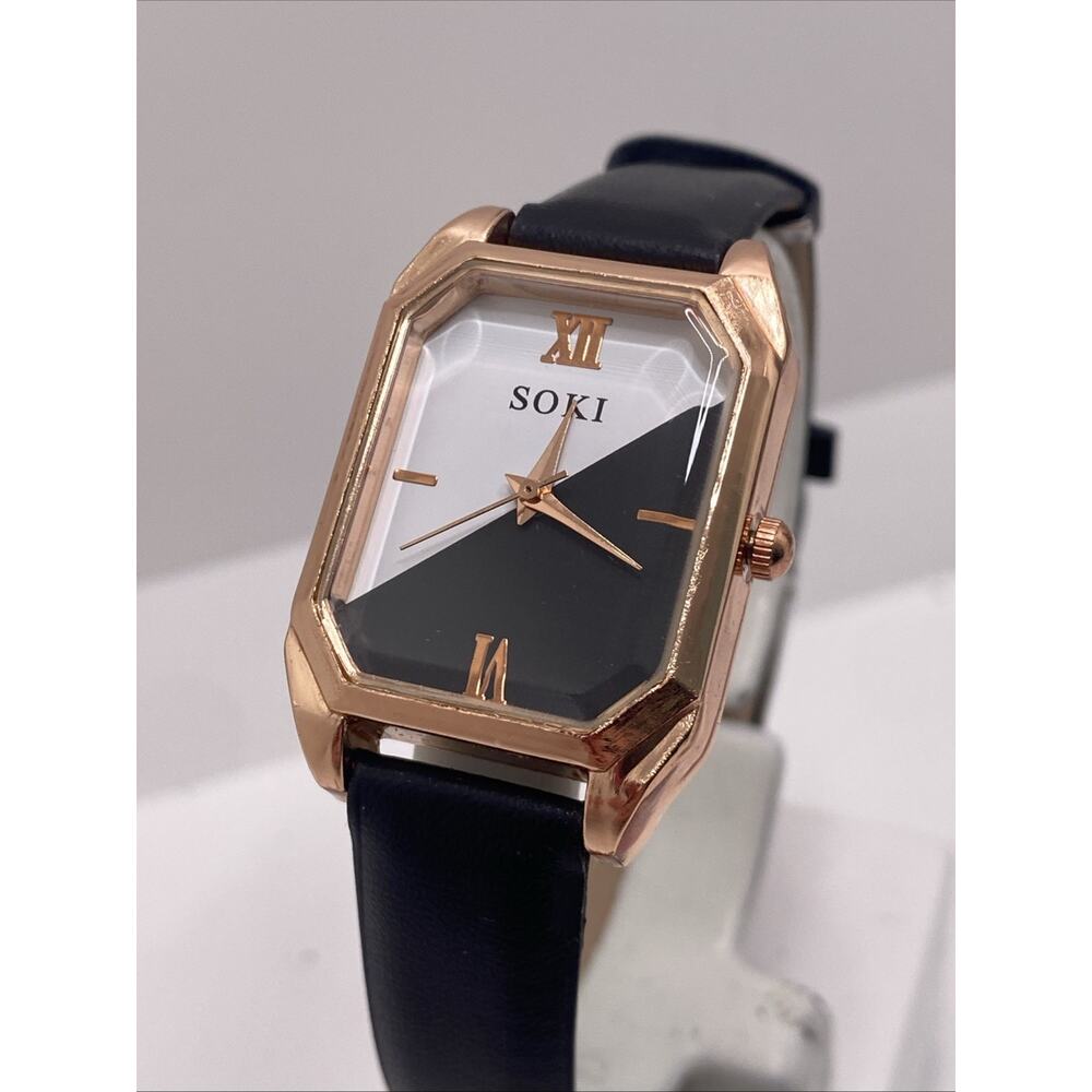 Soki Womens Rose Gold Tank Black Leather Watch New Battery